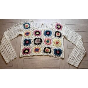 NWOT Debut Women's Open Crochet Colorful Floral Long Sleeve‎ Crop Sweater, Sz M